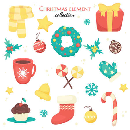 Bright Christmas colorful props. Christmas toys, cookies, pine branches, scarf and mittens, bell, garland, bright inscription, green leaves and branches for New Year's designs.New Year and Christmas 2021.Vector illustration.のイラスト素材