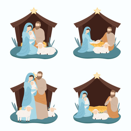 Vertyp with Mary and Joseph birth of Jesus in a stableJesus sleeps in a manger. Christmas 2021Vector illustration.のイラスト素材