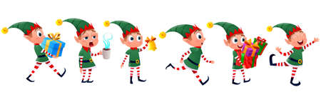 Collection of Santa Claus helpers to elves. Dwarf elves fun characters christmas little green helper.  Happy New Year, Merry Christmas and elves. Vector illustrationのイラスト素材