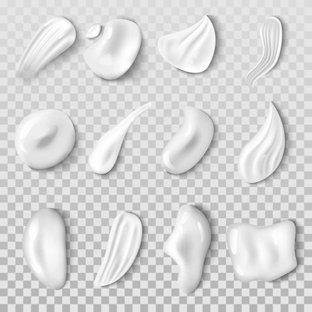 Set of cream strokes isolated on transparent background. White cream drops for skin care, smear texture illustration. Cosmetic product. Vector illustrationのイラスト素材