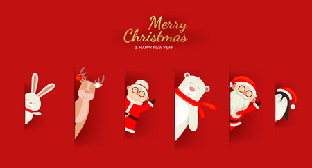 Bright collection of timatic cards with Santa Claus. New Year card with animals. Deer, penguin, bunny, cookies and Santa on a red background. Vector illustrationのイラスト素材