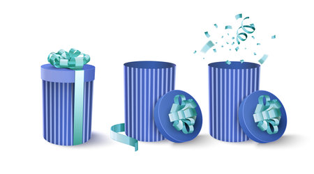 Blue striped box with birch ribbon and confetti isolated on white background. Gift box with a bow. Merry Christmas and Happy New Year 2021. Vector illustrationのイラスト素材