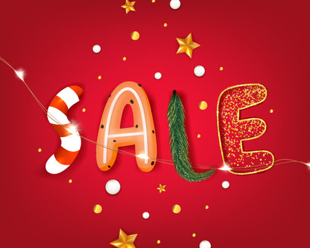 Banner New Years sale isolated on red background. Vector illustration for posters, banners, discounts, special offers. Vector illustrationのイラスト素材