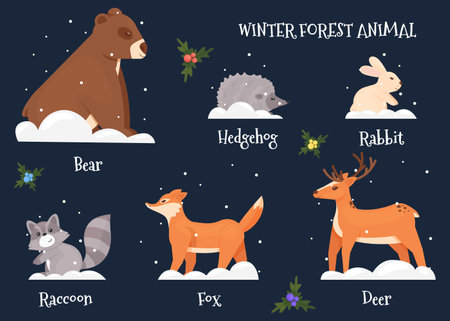 Forest Christmas 2021 A set of cute animals: bear, fox, wolf, deer, hare, hedgehog, placed on a dark blue background and signed Vector illustrationのイラスト素材