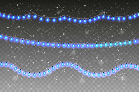 Christmas lights. Colored bright garland with falling snow isolated on transparent background. Glowing lights for postcard backgrounds and banners. Vector illustrationのイラスト素材