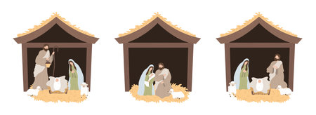 Seth Birth of Christ, Christmas manger with baby. Nativity scene with baby Jesus in a manger with Mary and Joseph. Vector illustrationのイラスト素材