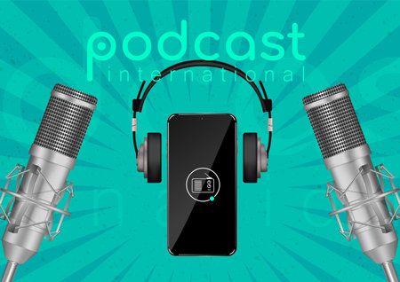 Radio day. Phone, headphones and microphone isolated on a birch background. Especially for banner, postcards, invitations. Podcast. Vector illusionのイラスト素材