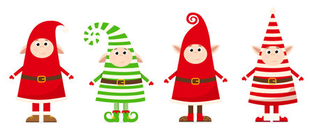 Christmas gnomes in cartoon style. Cute gnomes in Christmas costumes. New Year and Christmas 2021. Vector illustration.のイラスト素材