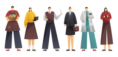 A collection of six professions. Gardener, teacher, doctor, photographer, secretary. Group of people of different professions isolated on white background. Vector illustrationのイラスト素材