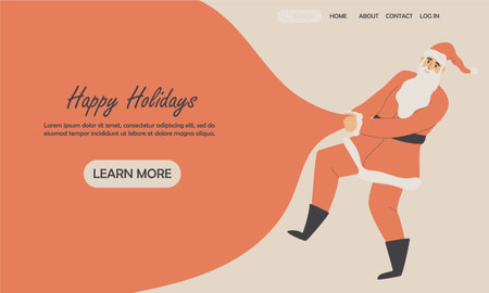 Design for landing web page, banner template, ui, mobile app. Santa Claus with a bag of gifts in a delicate palette. Vector illustrationのイラスト素材