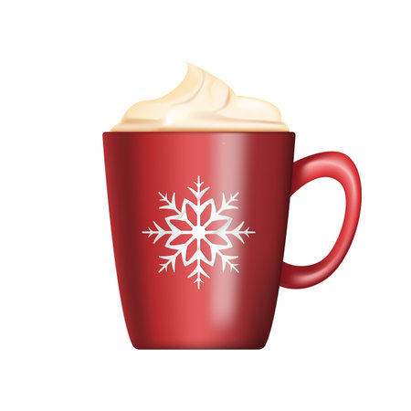 Christmas red cup isolated on white background. Mug with snowflake ornament with coffee and froth with zyphyr. Vector illustrationのイラスト素材