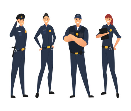 Police in uniform. Protection of citizens. Young law enforcement officers isolated on white background. Vector illustrationのイラスト素材