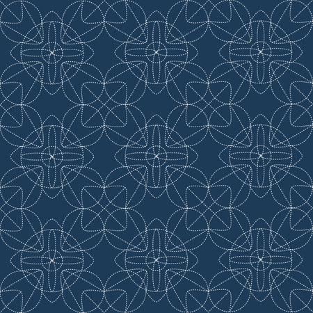 Japanese sashiko. Decorative wallpapers harmoniously combine two styles of retro and modern in blue, seamless pattern. Vector illustrationのイラスト素材