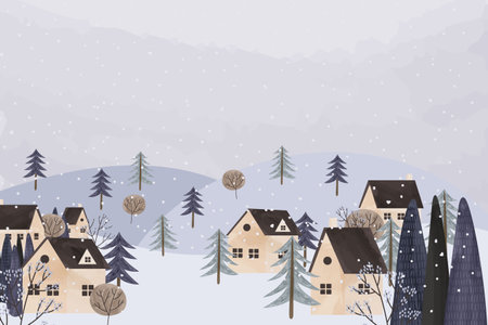 Panoramic vector illustration of a winter country in a blue palette. Minimal winter landscape. Suburban buildings in a winter landscape. Vector illustrationのイラスト素材