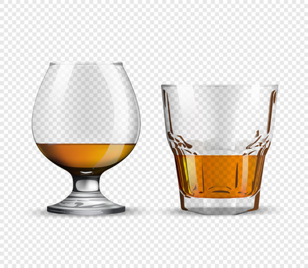 Two glasses for whiskey and rum isolated on transparent background realistic glass with carbonated drink, celebration concept. Vector illustration.のイラスト素材
