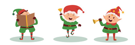 Christmas character in gnome's costume. Caroling kids set. Children sing Christmas songs and carols in funny green costumes. Vector illustrationのイラスト素材