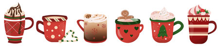 Set of winter holiday christmas cup with hot drink. A mugs of coffee for the holiday of Christmas. Cocoa with marshmallows, winter warming drinks and a cup of hot espresso. Vector illustrationのイラスト素材