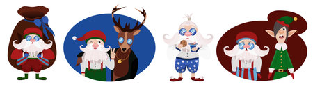 Hand drawn santa claus character collection. Character cute and style santa with helpers deer ana elf on white background flat. Christmas and New year Santa Claus. Vector illustrationのイラスト素材