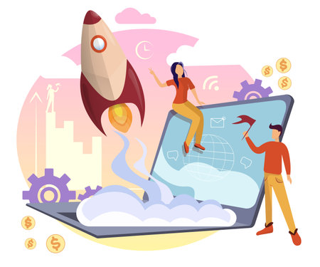 Successful startup concept with people working. Businessman launching a huge light bulb, rocket, launching a business project, web template. Vector illustrationのイラスト素材