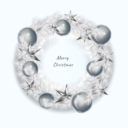 Realistic christmas white wreath. Christmas wreath with white spruce and balls. 2021 Happy New Year and Merry Christmas background. Vector illustrationのイラスト素材
