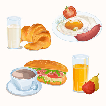 Brekfast time realistic. Fresh morning breakfast light meal, natural healthy food. Breakfast realistic set with cup of coffee and meal. Vector illustrationのイラスト素材