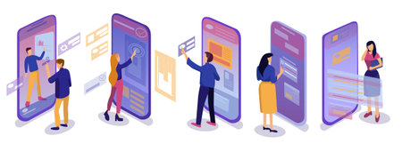 Isometric sets use mobile applications, young entrepreneurs test and use mobile applications in...