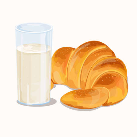 Realistic brekfast, milk and croissant. Fresh morning breakfast light meal, natural healthy food. Breakfast realistic set with glass and croissant. Vector illustrationのイラスト素材