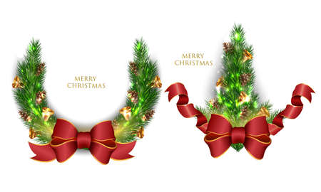 Realistic Christmas branch and tree. Christmas tree made of naturalistic pine branch decorated. Merry Christmas and Happy New Year, holiday. Vector illustrationのイラスト素材