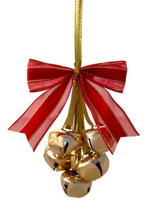 Christmas decoration - five golden bells with a red bow. isolated objectの写真素材