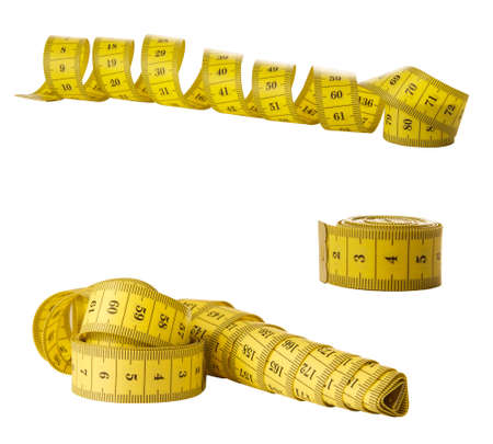tape measure (meter) on a white background. collage of three angles. isolated objectの写真素材