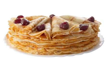pancakes with fillings on a white plate (isolated object)の写真素材