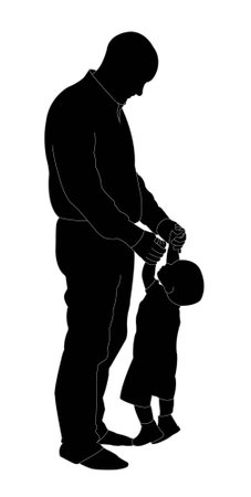 man and child standing and holding hands (silhouette)の写真素材
