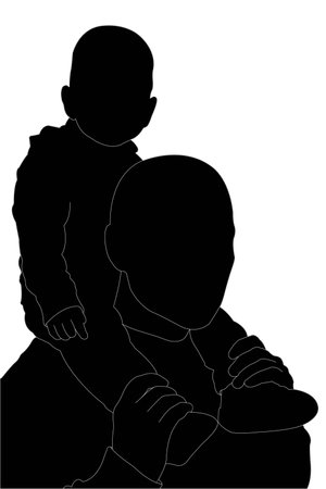 baby sitting on the shoulders of men (silhouette)の写真素材
