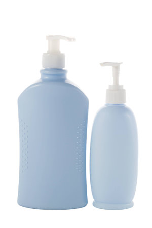 two Hair and Skin care bottles on a white backgroundの写真素材