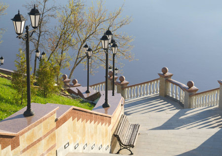 descent of the waterfront in the spring sunny day, Vitebsk, Belarusの写真素材