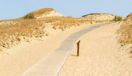 wooden trail with posted on dune Nagliu, Curonian Spit, Lithuaniaの写真素材