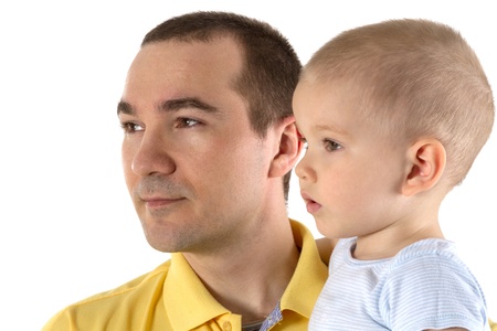 young man and child on white backgroundの写真素材