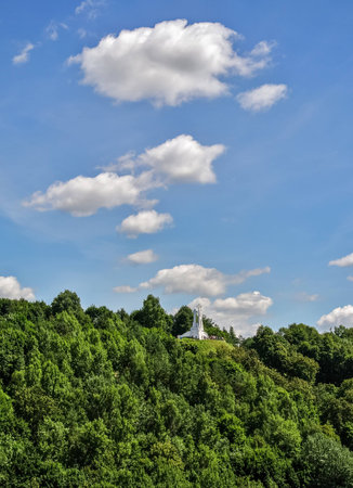 view of the mountain three crosses from the Tower of Gediminas summer cloud by day, Vilnius, Lithuaniaの写真素材