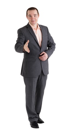 man gives her hand in a gesture of welcome white backgroundの写真素材