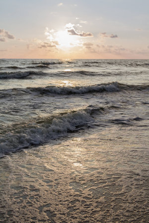 waves in the Baltic sea at sunset, Lithuaniaの写真素材