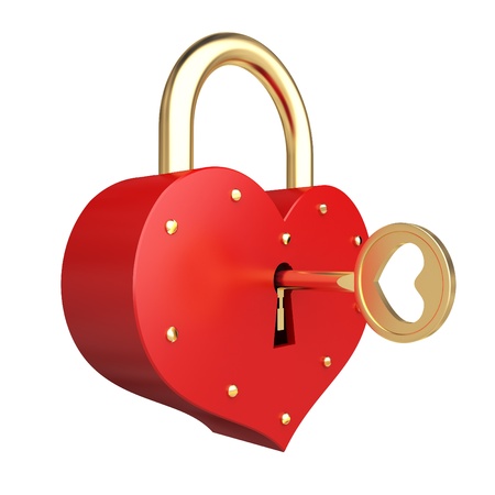 romantic heart padlock whith golden key on the white background の写真素材