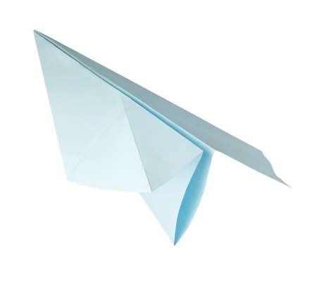 origami blue paper airplane on the white backgroundの写真素材