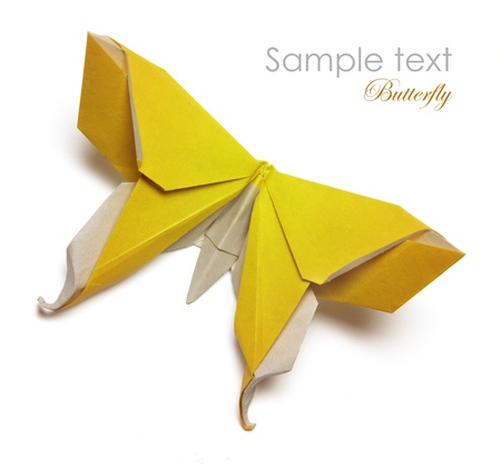 Yellow origami butterfly on the white backgroundの写真素材