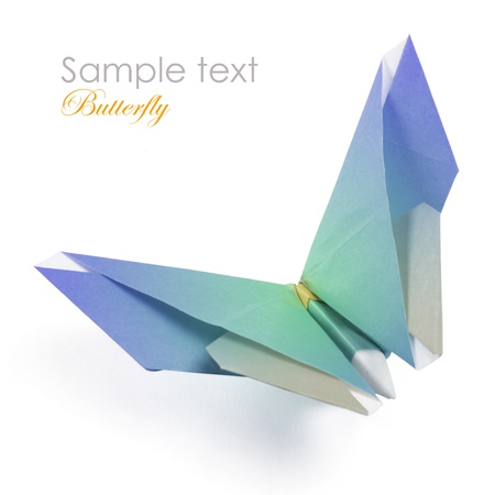 Blue origami butterfly on the white backgroundの写真素材
