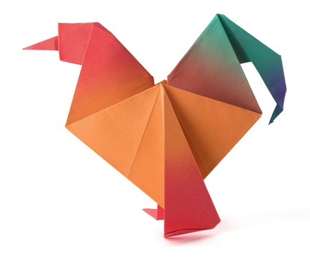 Origami red morning cock on the white backgroundの写真素材