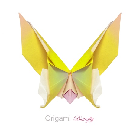 Origami yellow butterfly on a white backgroundの写真素材