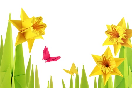 Origami spring narcissus bottom on a white backgroundの写真素材