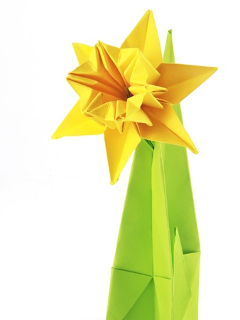 Origami yellow narcissus of paper on a white backgroundの写真素材