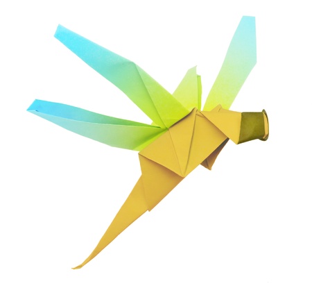 Origami green dragonfly on a white backgroundの写真素材