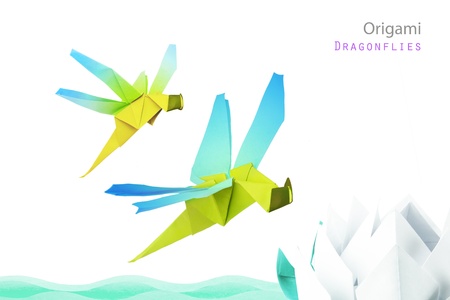 Origami dragonflies and river waves with lotus on white backgroundの写真素材